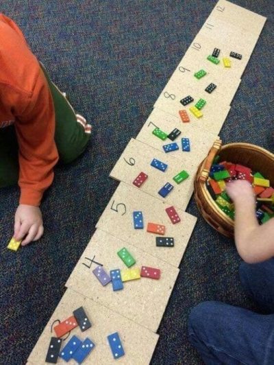 Super idée de jeu avec des dominos. Parfait pour des élèves de 1re année pour travailler les math et les additions. Photo de source inconnu.